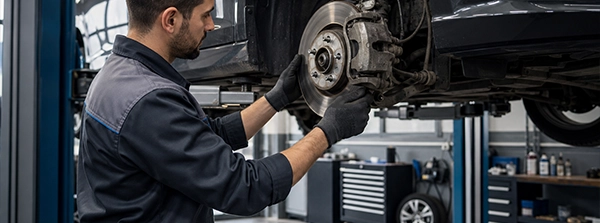 Sökülmüş fren diski ve balata üzerinde çalışan servis teknisyeni